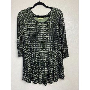 Tianello Blouse Womens size XL Green Black Stretch Peplum Classic Long Sleeve